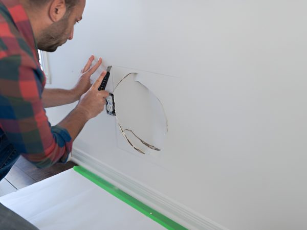 man fixing a drywall hole