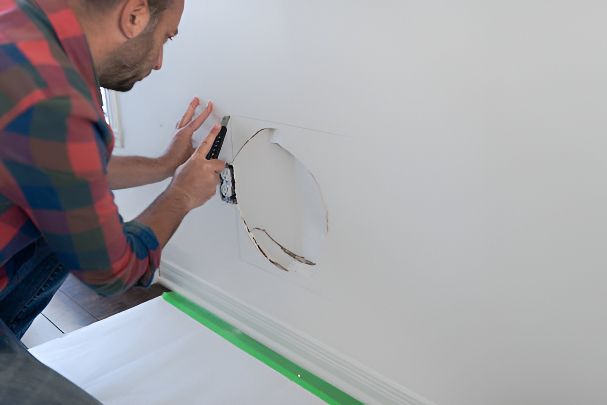 man fixing a drywall hole